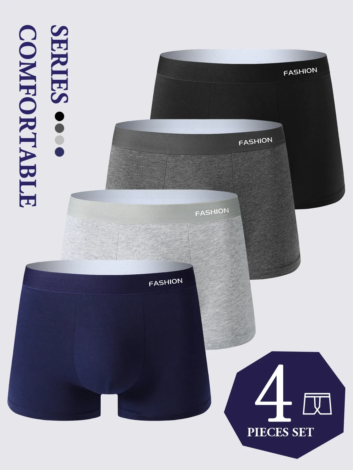 4-Pack Men's Boxer Briefs, Soft Breathable Cotton Underwear, Loose Fit Trendy Fashionable Elastic Boxer Shorts for Boys & Young Men