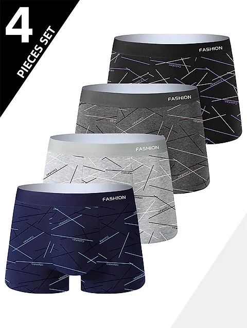 4pcs Men's Underwear Boxer Briefs - Comfortable Soft Fashionable Daily Line Print Sporty Breathable Intimate Apparel