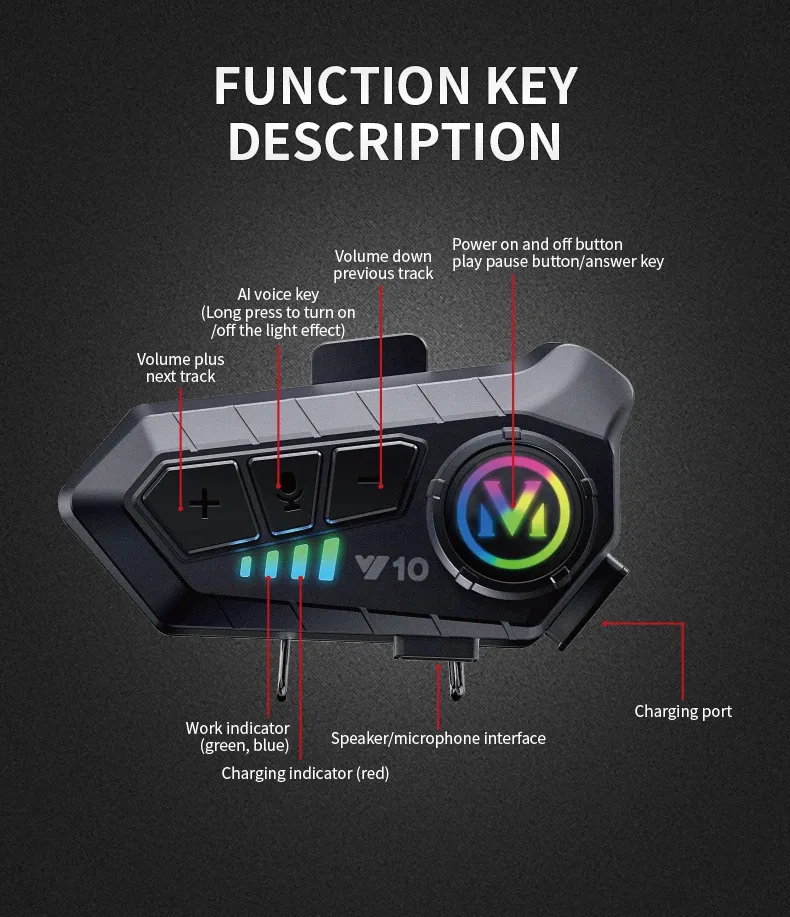 Y10 Motorcycle Helmet Bluetooth Headset with Ambient Light - Stereo Sound, Voice Control, Hands-Free Calls, 1000mAh Battery, V5.3, Waterproof & Noise Reduction for Riders showcase 11
