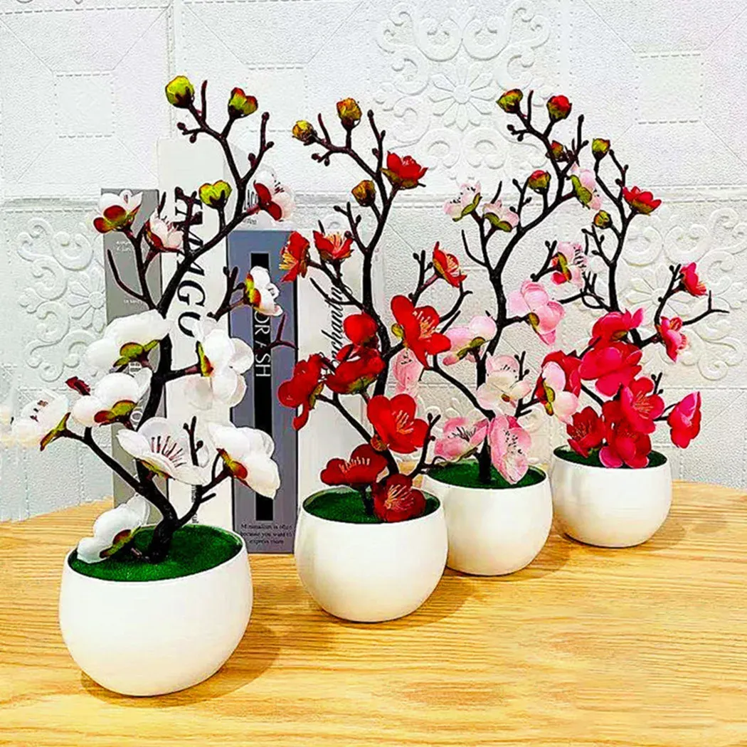 Artificial Plum Blossom Bonsai Tree - Lifelike Silk Flowers in Pot for Home, Office, and Event Decor - Realistic Fake Plant for Year-Round Beauty thumbnail 1