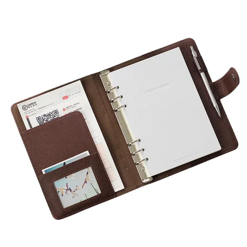 A5/A6 Brown & Black PU Leather Business Notebook Planner, Loose-Leaf Detachable Ring Binder, 96 Sheets Thick Ruled Paper, Portable Office Stationery Workbook thumbnail 4