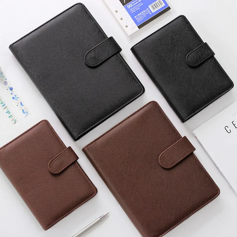 A5/A6 Brown & Black PU Leather Business Notebook Planner, Loose-Leaf Detachable Ring Binder, 96 Sheets Thick Ruled Paper, Portable Office Stationery Workbook thumbnail 2