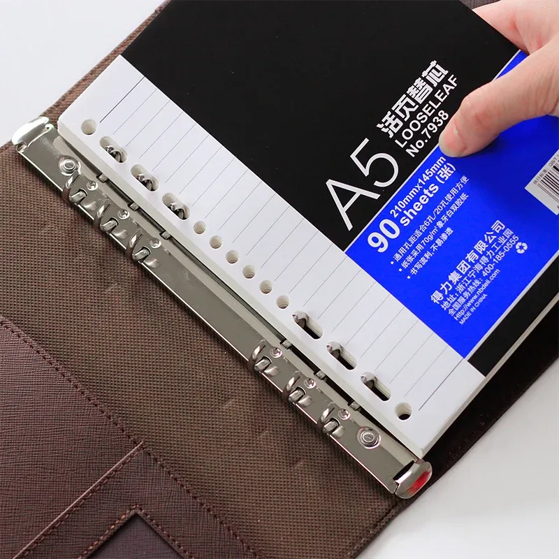 A5/A6 Brown & Black PU Leather Business Notebook Planner, Loose-Leaf Detachable Ring Binder, 96 Sheets Thick Ruled Paper, Portable Office Stationery Workbook thumbnail 3