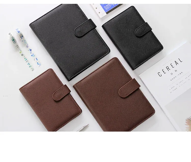 A5/A6 Brown & Black PU Leather Business Notebook Planner, Loose-Leaf Detachable Ring Binder, 96 Sheets Thick Ruled Paper, Portable Office Stationery Workbook showcase 9