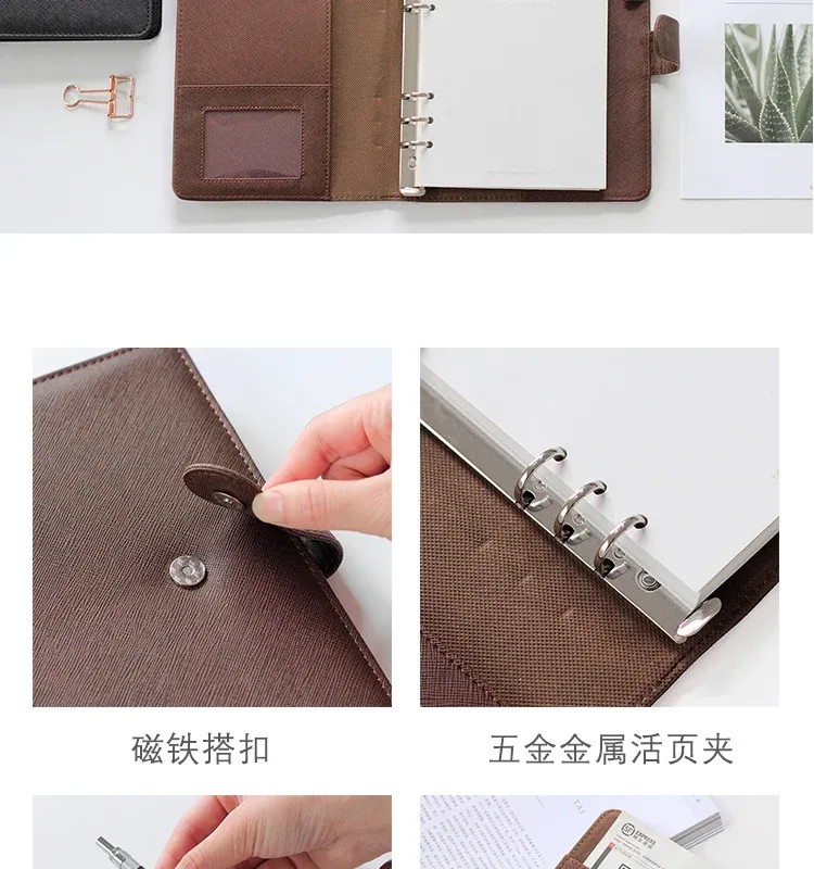 A5/A6 Brown & Black PU Leather Business Notebook Planner, Loose-Leaf Detachable Ring Binder, 96 Sheets Thick Ruled Paper, Portable Office Stationery Workbook showcase 4