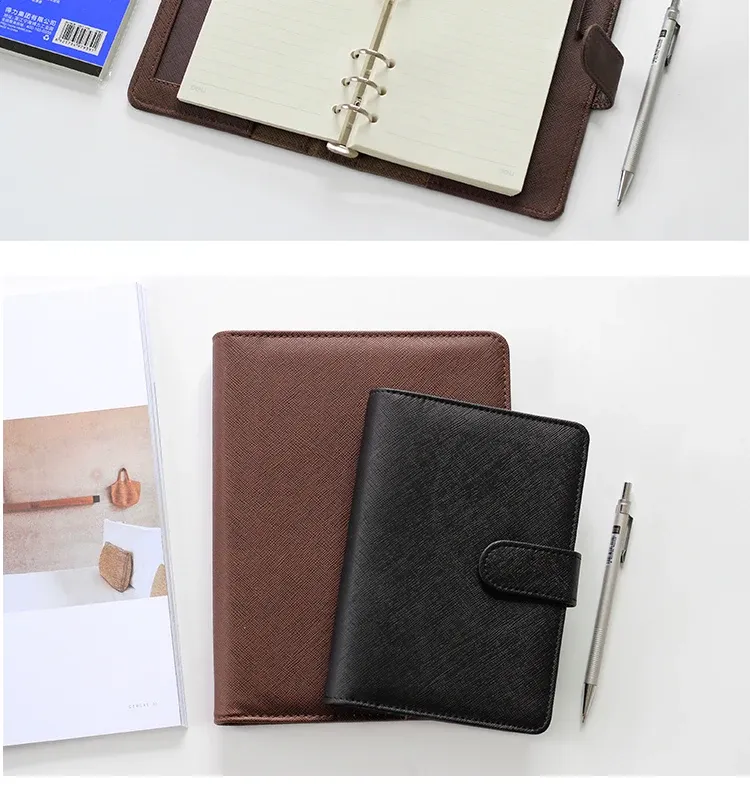 A5/A6 Brown & Black PU Leather Business Notebook Planner, Loose-Leaf Detachable Ring Binder, 96 Sheets Thick Ruled Paper, Portable Office Stationery Workbook showcase 8