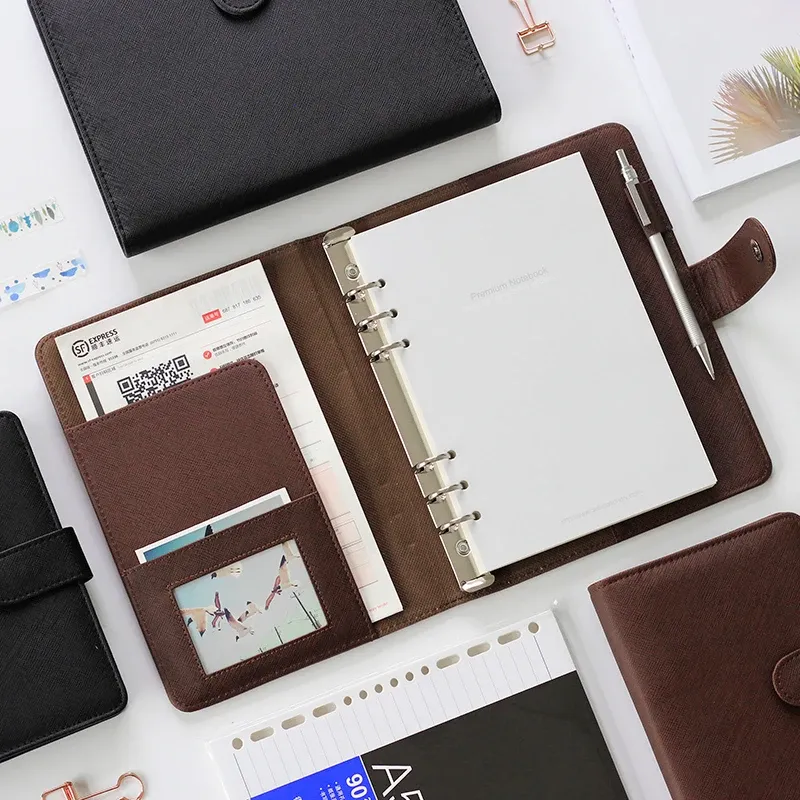 A5/A6 Brown & Black PU Leather Business Notebook Planner, Loose-Leaf Detachable Ring Binder, 96 Sheets Thick Ruled Paper, Portable Office Stationery Workbook thumbnail 1