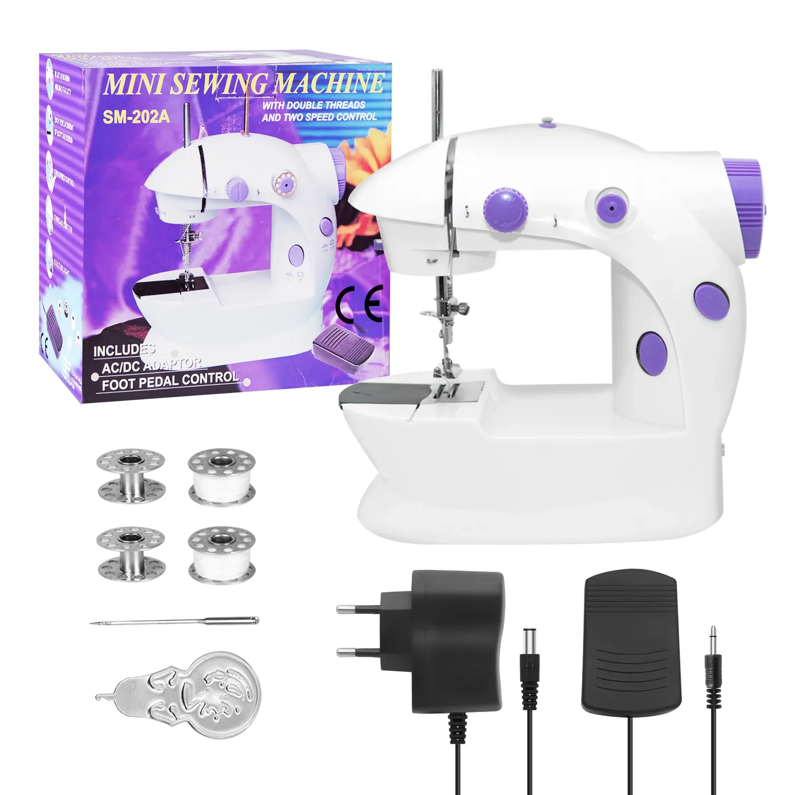 Mini Household Sewing Machine with Light, Foot Pedal & Cutter - Portable 202 Model for Quick Repairs & Crafting
