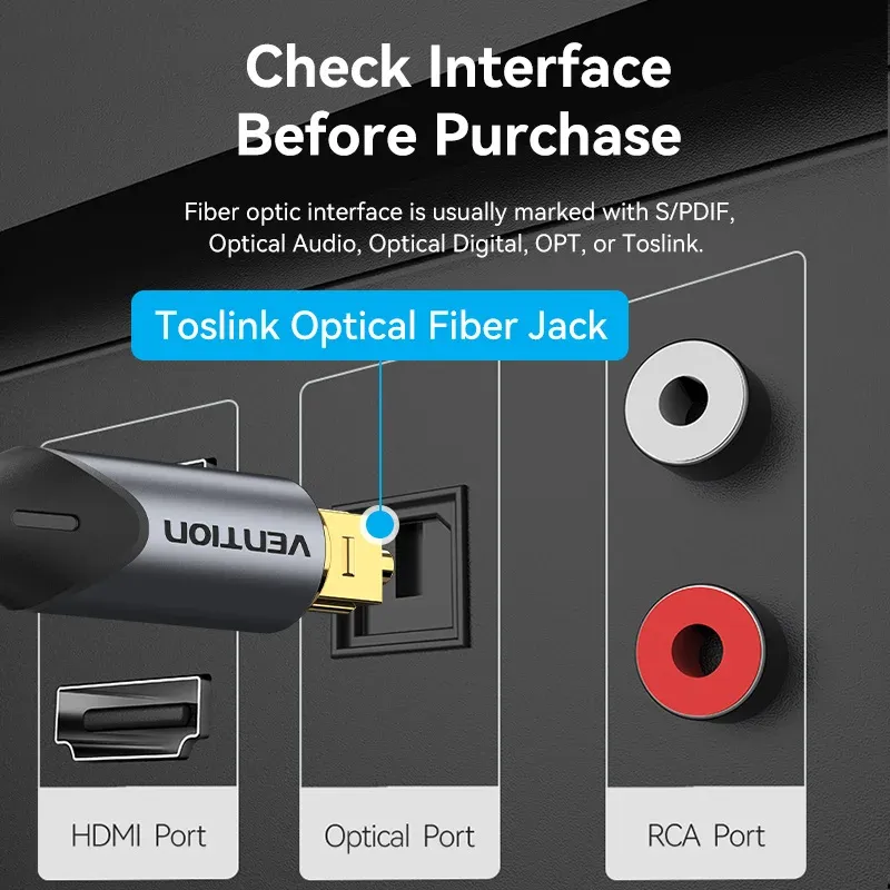 Vention 90-Degree Optical Audio Cable, Male to Male Toslink Cable for TV, Amplifier, Sound Bar, PS4, Xbox, Home Theater - Immersive Stereo Sound, Durable Gold-Plated Connectors thumbnail 6