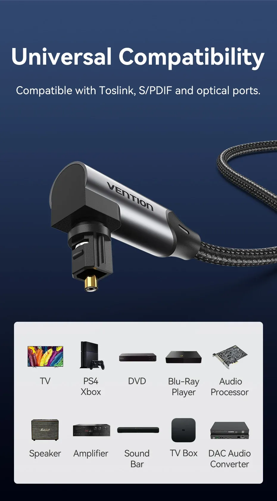Vention 90-Degree Optical Audio Cable, Male to Male Toslink Cable for TV, Amplifier, Sound Bar, PS4, Xbox, Home Theater - Immersive Stereo Sound, Durable Gold-Plated Connectors showcase 9