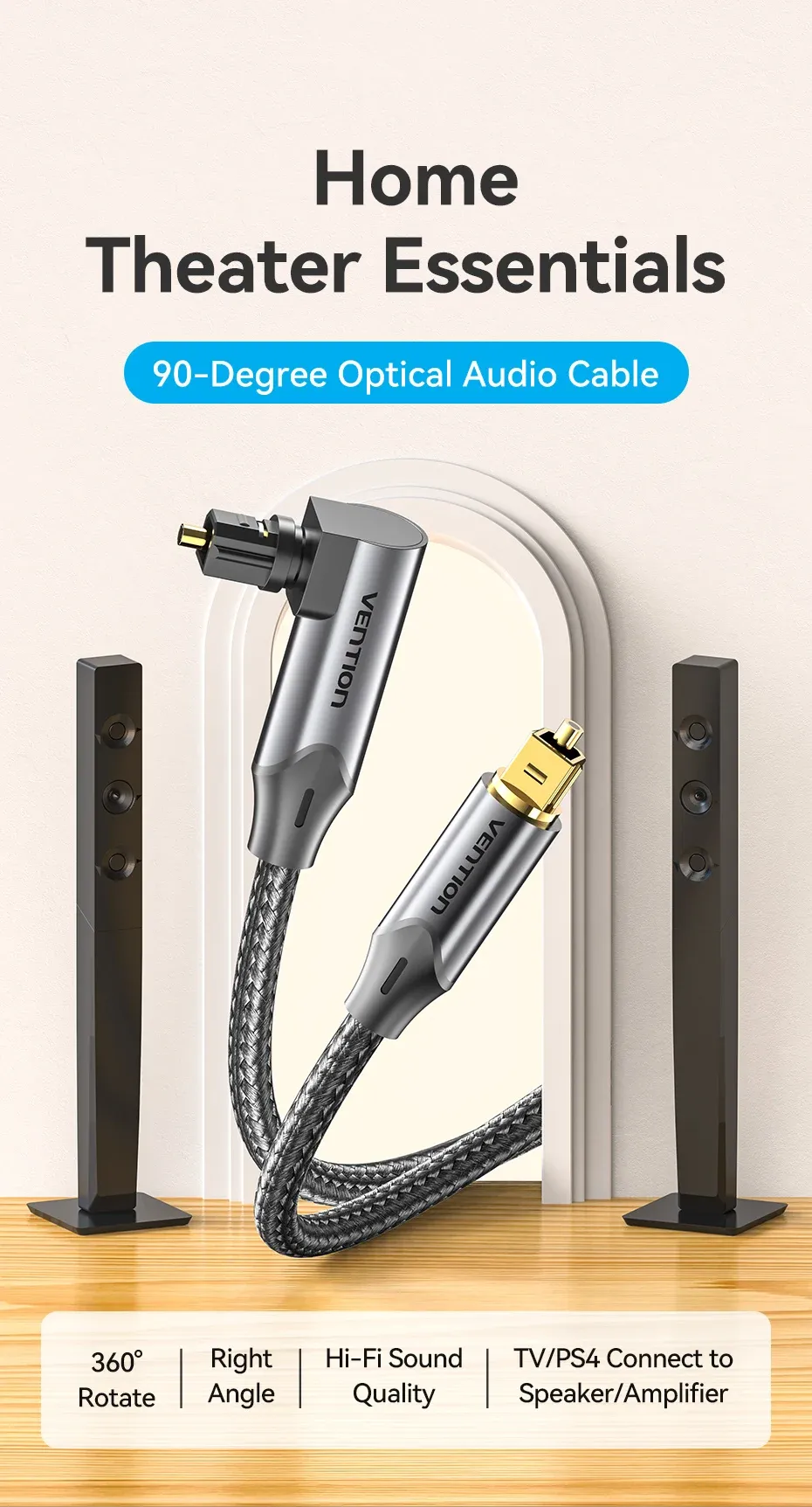 Vention 90-Degree Optical Audio Cable, Male to Male Toslink Cable for TV, Amplifier, Sound Bar, PS4, Xbox, Home Theater - Immersive Stereo Sound, Durable Gold-Plated Connectors showcase 1