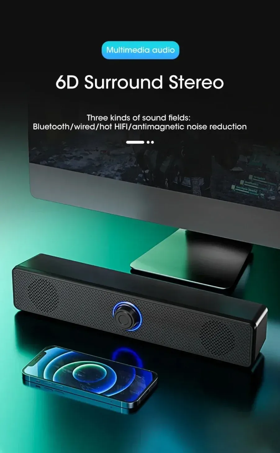 Wireless Bluetooth & Wired USB Soundbar Speaker for TV, PC, Laptop - Immersive 3D Stereo Audio with Deep Bass for Gaming & Home Theater showcase 1