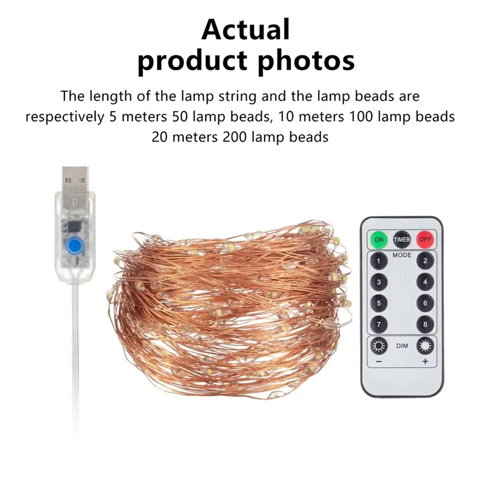 Waterproof LED Copper Wire String Lights - 5M/10M/20M USB Powered Fairy Garland for Christmas, Weddings, Parties, Home Decor showcase 4