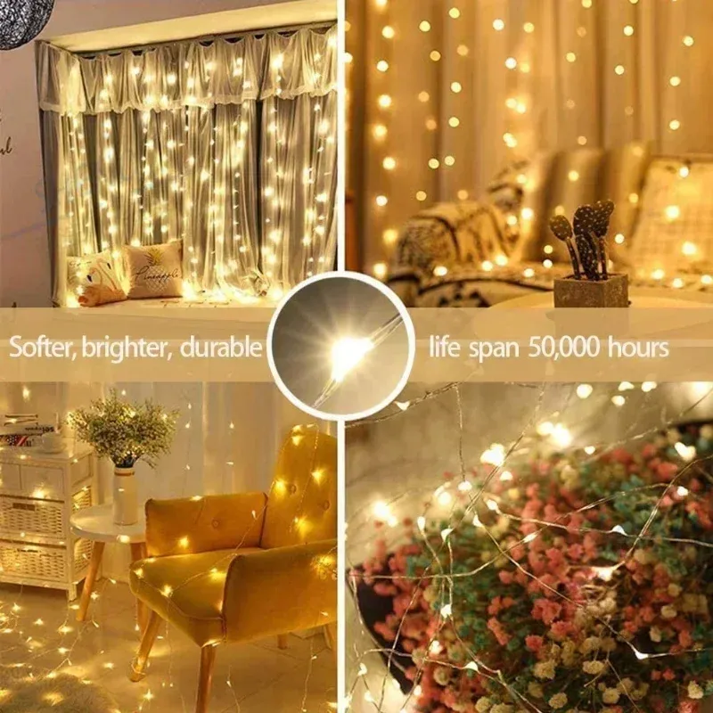3M LED String Lights USB Fairy Lights Curtain Decoration for New Year, Wedding, Party, Christmas Home - Warm White, 300 LEDs showcase 2