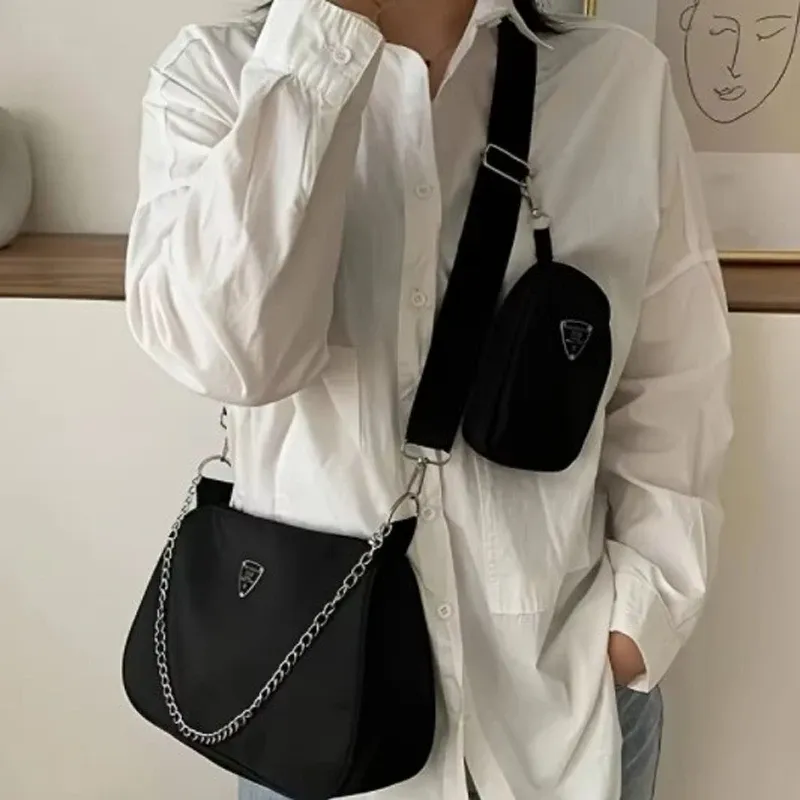 2-Piece Nylon Shoulder Bag Set: Chic Solid Color Handbags with Elegant Chain Strap for Women, Lightweight & Durable for Daily Use, Travel, and Fashion thumbnail 2