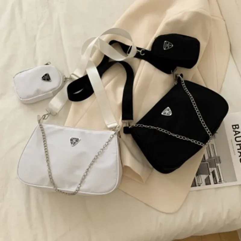 2-Piece Nylon Shoulder Bag Set: Chic Solid Color Handbags with Elegant Chain Strap for Women, Lightweight & Durable for Daily Use, Travel, and Fashion showcase 1
