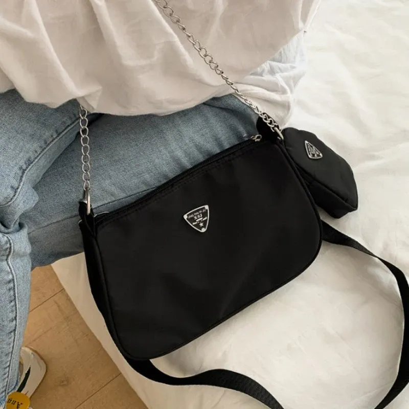 2-Piece Nylon Shoulder Bag Set: Chic Solid Color Handbags with Elegant Chain Strap for Women, Lightweight & Durable for Daily Use, Travel, and Fashion thumbnail 4