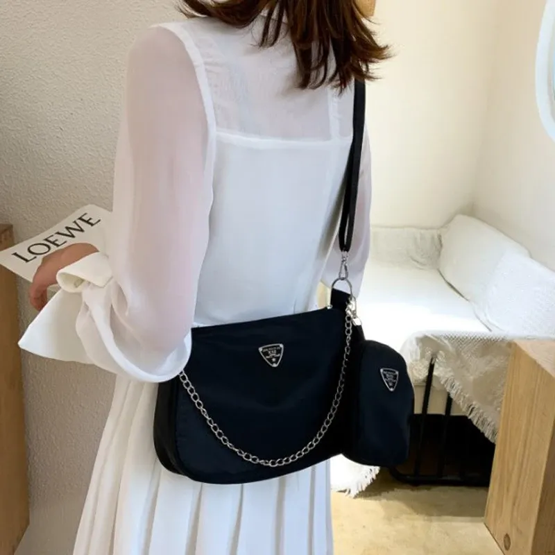 2-Piece Nylon Shoulder Bag Set: Chic Solid Color Handbags with Elegant Chain Strap for Women, Lightweight & Durable for Daily Use, Travel, and Fashion thumbnail 6