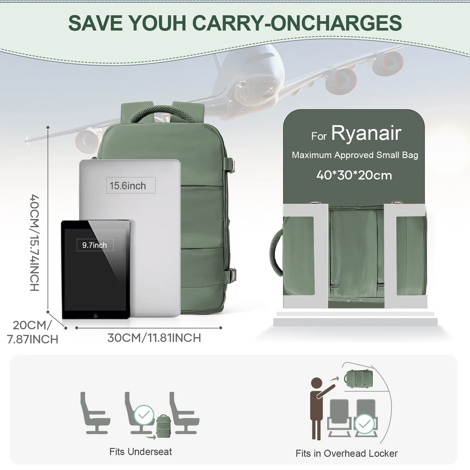 Ryanair 40x30x20cm Cabin Bag Travel Backpack for Men and Women, Lightweight Hand Luggage Leisure Laptop Backpack, Perfect for Weekend Getaways and Business Trips thumbnail 2