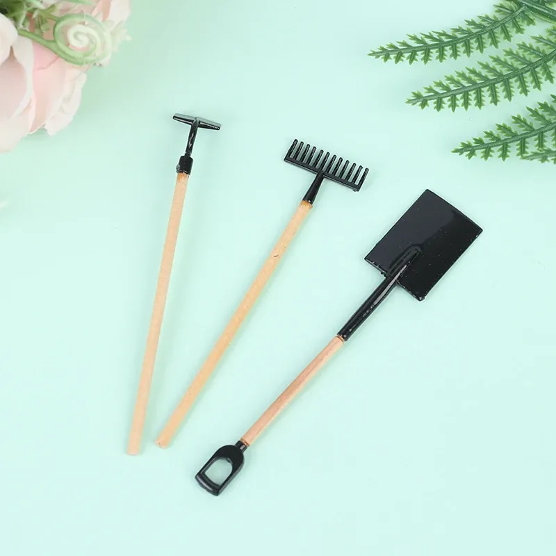 1:12 Scale Dollhouse Miniature Farming Tools Set - 3Pcs Metal & Wood Shovel, Hoe, Pitchfork for Fairy Garden Accessories & Furniture Toys
