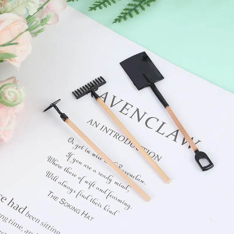 1:12 Scale Dollhouse Miniature Farming Tools Set - 3Pcs Metal & Wood Shovel, Hoe, Pitchfork for Fairy Garden Accessories & Furniture Toys thumbnail 2