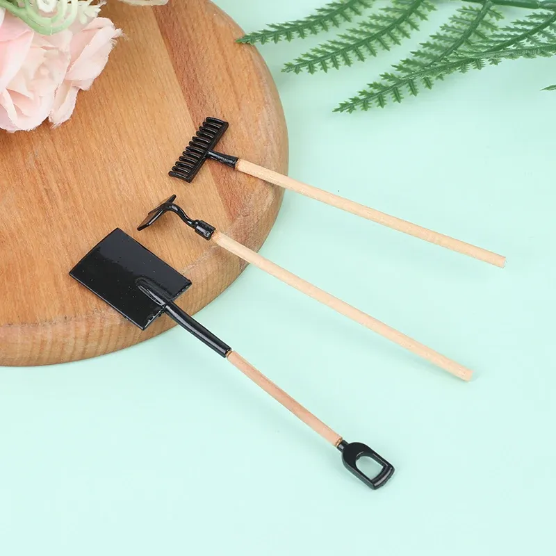 1:12 Scale Dollhouse Miniature Farming Tools Set - 3Pcs Metal & Wood Shovel, Hoe, Pitchfork for Fairy Garden Accessories & Furniture Toys thumbnail 3
