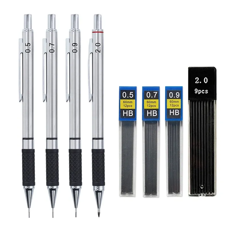 Professional Metal Mechanical Pencil Set with Grip - 0.5/0.7/0.9/2.0mm Automatic Drafting Pencils for Art, Drawing, Students, Office Use