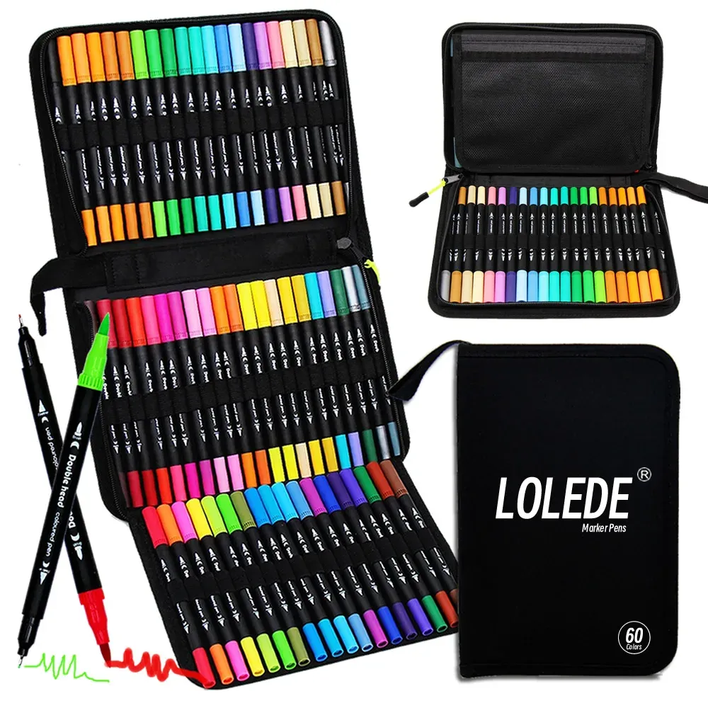 LOLEDE 60 Colors Dual Tip Art Markers Set - Professional Brush & Fine Tip Pens for Drawing, Sketching, Coloring, Writing - Ideal Gift for Artists, Students, Office & School Supplies
