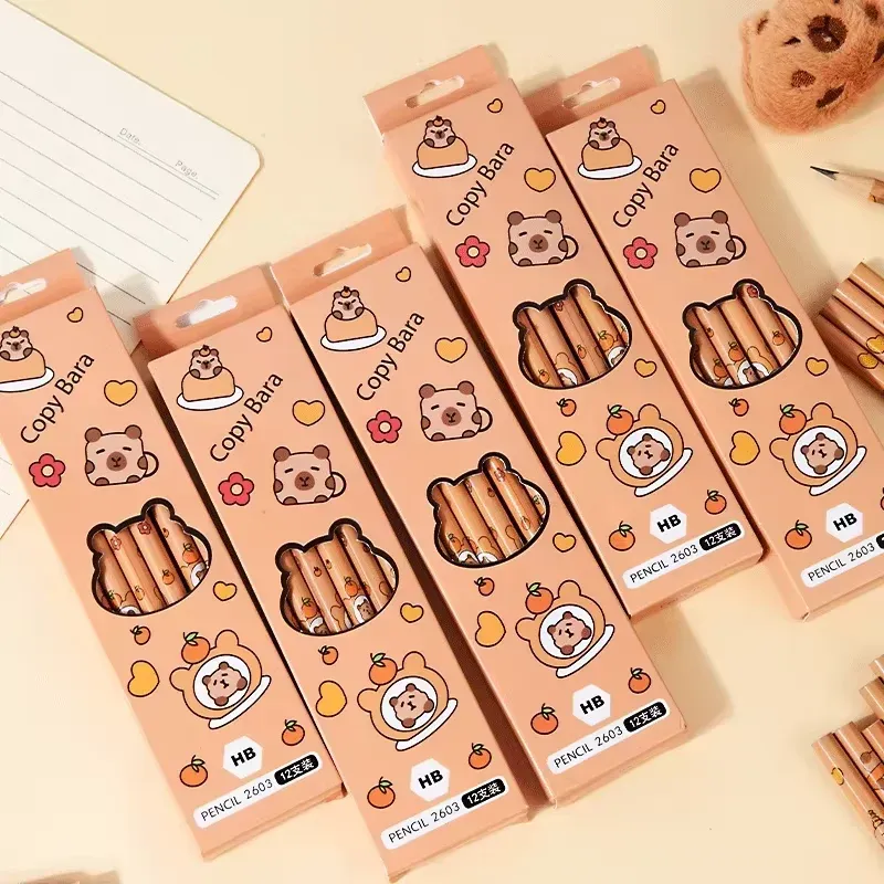 12pcs Kawaii Capybara Pencils with Erasers - Unpointed Sketching & Drawing Pencils for School Office Students Stationery Supply