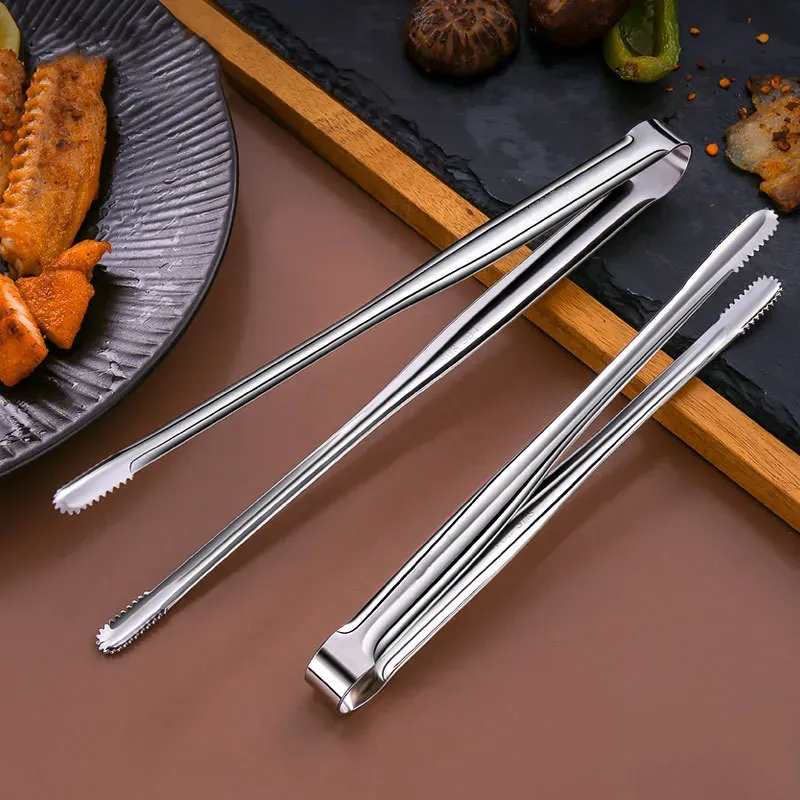 Stainless Steel BBQ Grill Tongs - Non-Slip Food Clip for Steak, Bread, Salad, and Cooking - Durable Kitchen Gadget Accessories (19/23.8/30.2cm) thumbnail 2