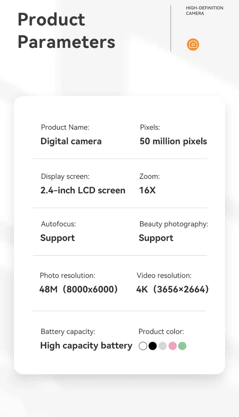50MP 4K Digital Camera with 16X Zoom, Anti-Shake Video Recorder for Students, Outdoor Photography, and Vlogging showcase 16