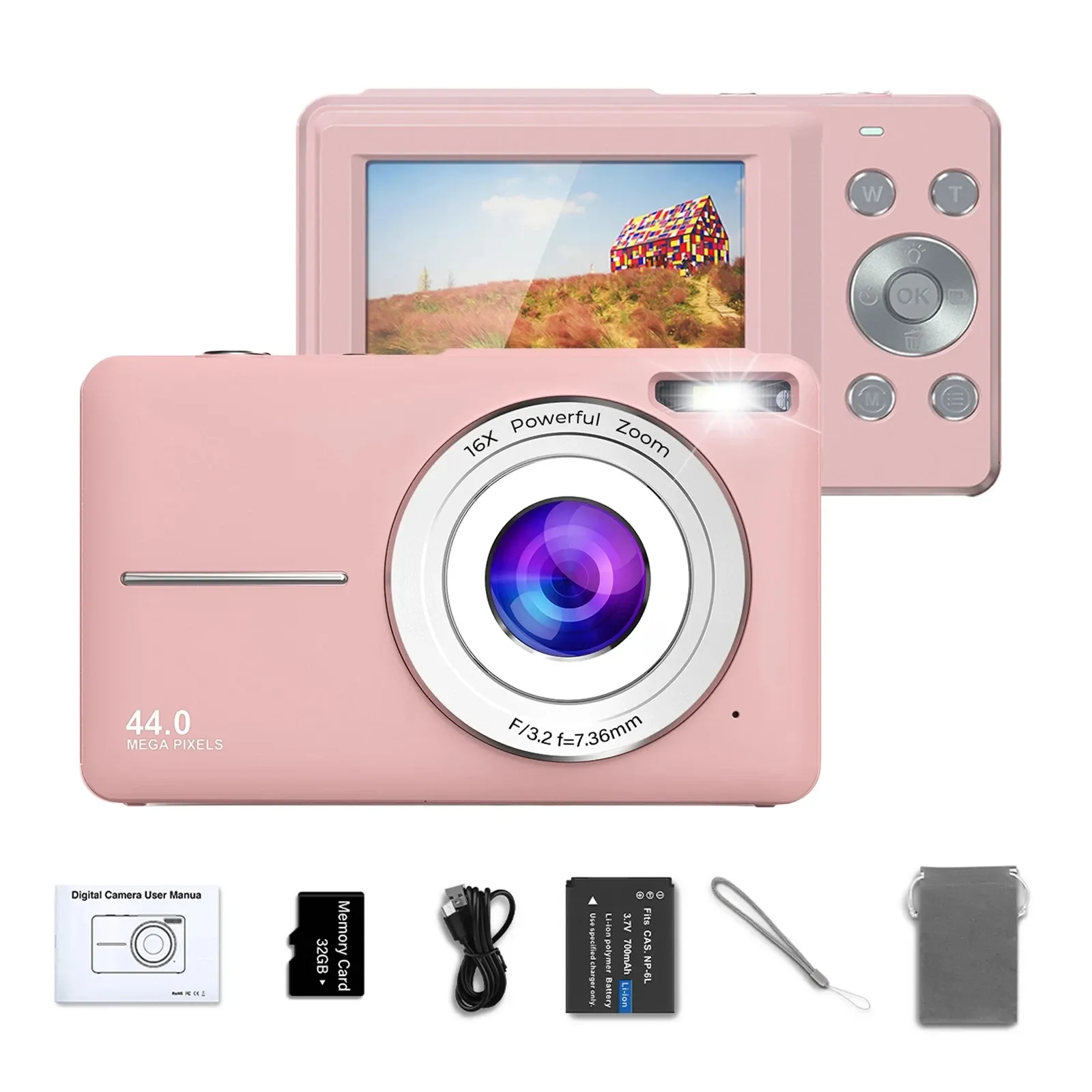 HD 1080P Digital Camera for Kids & Girls, 44MP Compact 2.4" LCD Screen, 16x Zoom, Rechargeable, Includes 32GB Card & USB Cable - Portable Digit Camera
