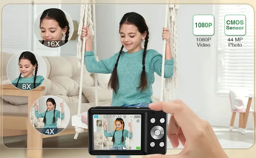 HD 1080P Digital Camera for Kids & Girls, 44MP Compact 2.4" LCD Screen, 16x Zoom, Rechargeable, Includes 32GB Card & USB Cable - Portable Digit Camera showcase 6