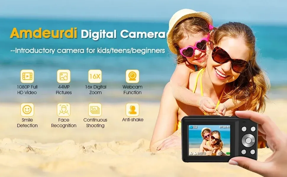 HD 1080P Digital Camera for Kids & Girls, 44MP Compact 2.4" LCD Screen, 16x Zoom, Rechargeable, Includes 32GB Card & USB Cable - Portable Digit Camera showcase 1