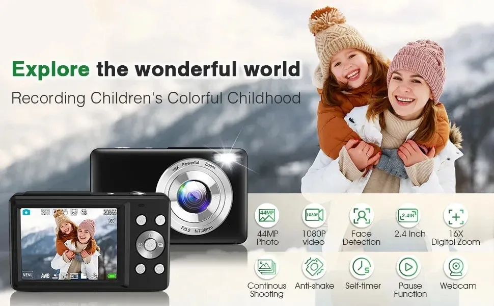 HD 1080P Digital Camera for Kids & Girls, 44MP Compact 2.4" LCD Screen, 16x Zoom, Rechargeable, Includes 32GB Card & USB Cable - Portable Digit Camera showcase 5