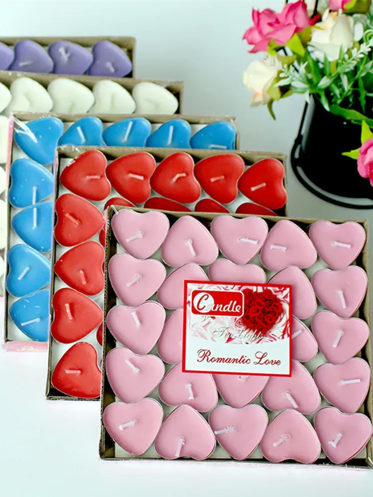 50pcs Heart-Shaped Tea Light Candles - Smokeless Paraffin Wax for Romantic Ambiance, Birthdays, Anniversaries, Weddings, and DIY Decor showcase 1
