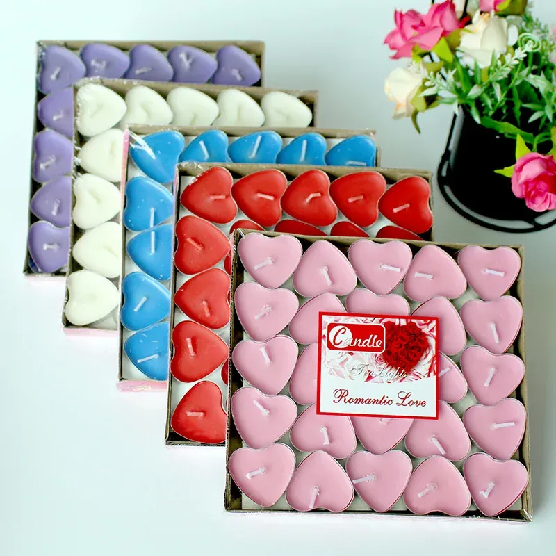 50pcs Heart-Shaped Tea Light Candles - Smokeless Paraffin Wax for Romantic Ambiance, Birthdays, Anniversaries, Weddings, and DIY Decor thumbnail 1