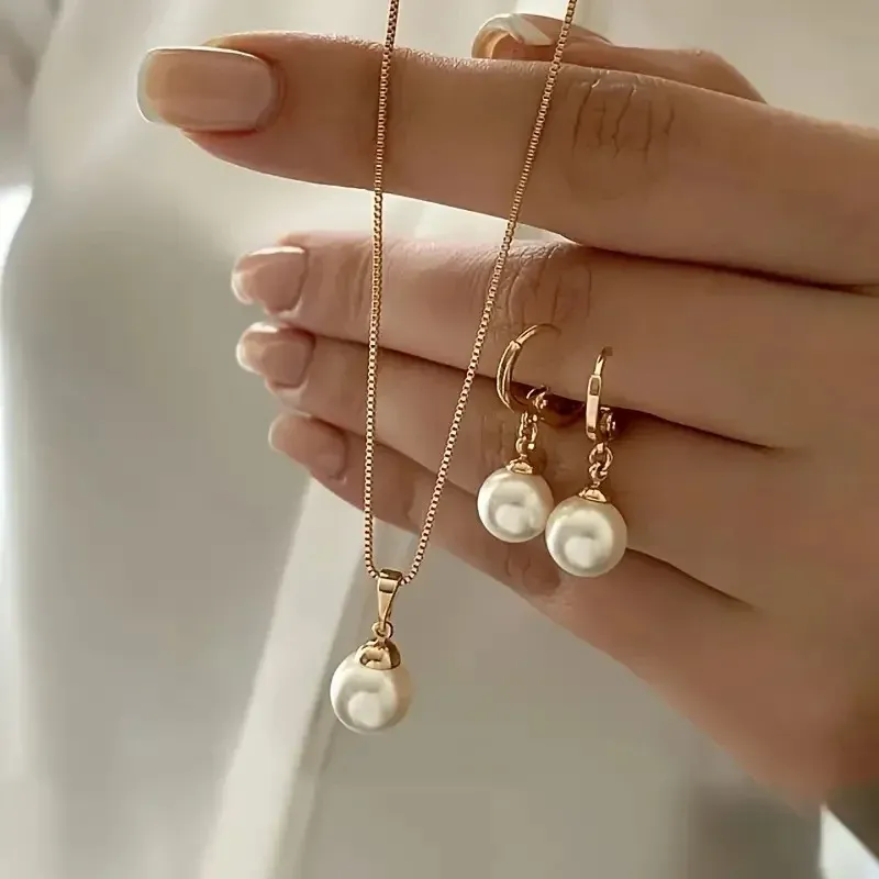 Elegant Pearl Dangle Earrings & Pendant Necklace Set for Women - Simple Dainty Jewelry for Daily Wear, Parties & Special Occasions showcase 1
