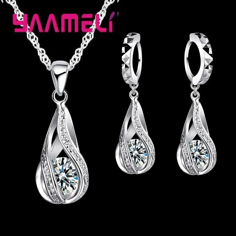 Women's 925 Sterling Silver Plated Jewelry Set - Water Drop CZ Pendant Necklace & Hoop Earrings for Wedding, Party, Engagement