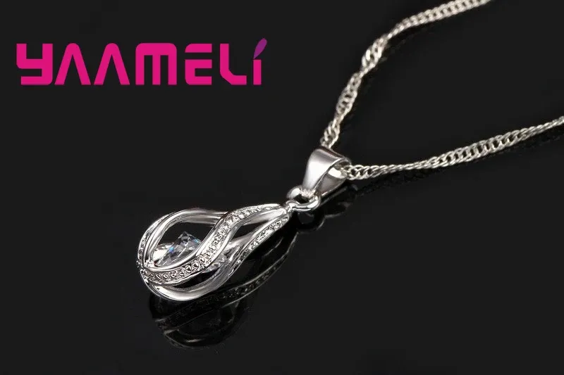 Women's 925 Sterling Silver Plated Jewelry Set - Water Drop CZ Pendant Necklace & Hoop Earrings for Wedding, Party, Engagement thumbnail 4