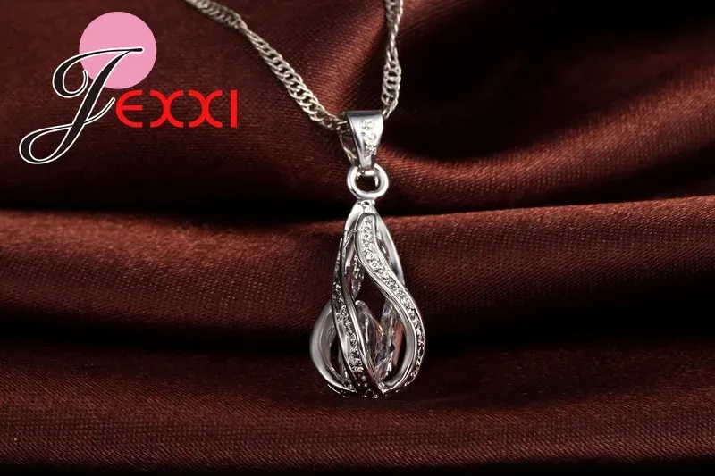 Women's 925 Sterling Silver Plated Jewelry Set - Water Drop CZ Pendant Necklace & Hoop Earrings for Wedding, Party, Engagement thumbnail 2
