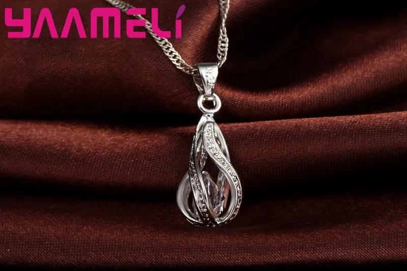 Women's 925 Sterling Silver Plated Jewelry Set - Water Drop CZ Pendant Necklace & Hoop Earrings for Wedding, Party, Engagement showcase 3