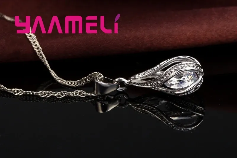 Women's 925 Sterling Silver Plated Jewelry Set - Water Drop CZ Pendant Necklace & Hoop Earrings for Wedding, Party, Engagement thumbnail 3