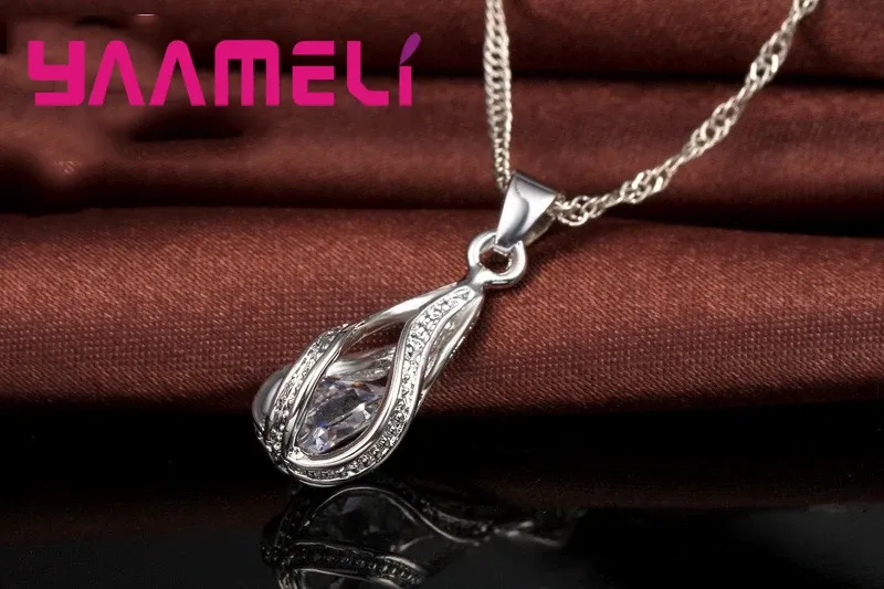 Women's 925 Sterling Silver Plated Jewelry Set - Water Drop CZ Pendant Necklace & Hoop Earrings for Wedding, Party, Engagement showcase 6