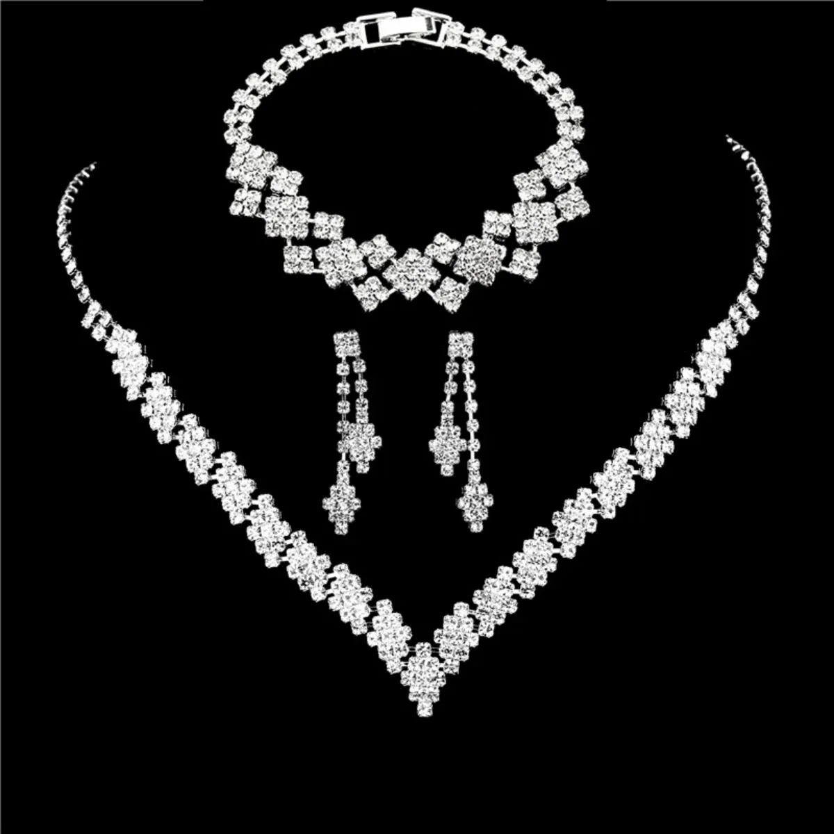 Elegant Silver Plated Rhinestone Tassel Earrings & Necklace Set - Fashionable Wedding Jewelry Gift for Women