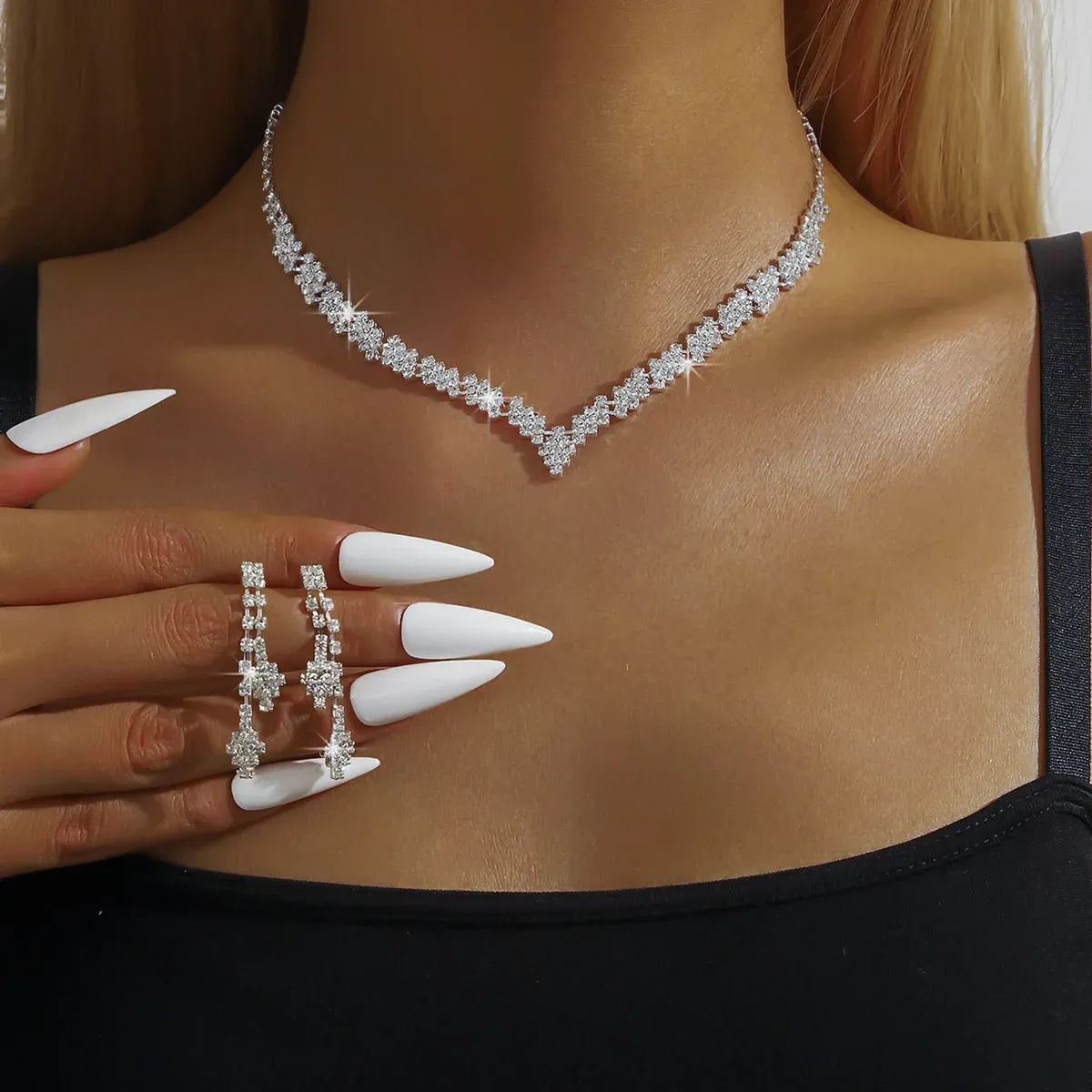 Elegant Silver Plated Rhinestone Tassel Earrings & Necklace Set - Fashionable Wedding Jewelry Gift for Women thumbnail 3
