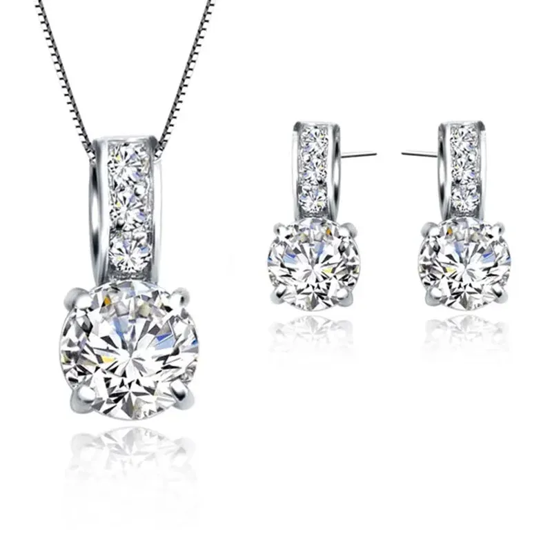 925 Sterling Silver Bridal Jewelry Set with Cubic Zircon Crystal Pendant Necklace and Stud Earrings for Women and Girls - Elegant Wedding and Party Gift
