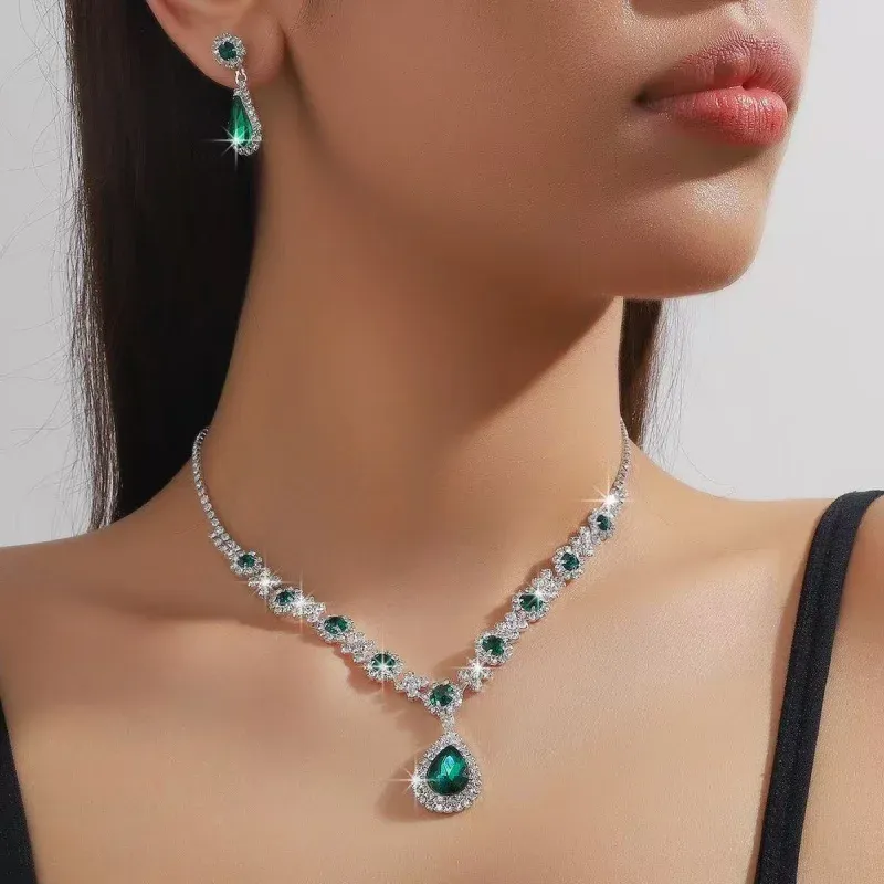 Elegant Women's Crystal Droplet Necklace and Earring Set - 3 Piece Bridal Jewelry for Wedding & Evening Dresses thumbnail 3