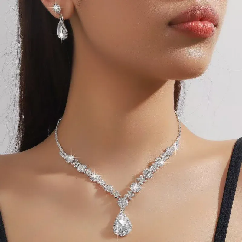 Elegant Women's Crystal Droplet Necklace and Earring Set - 3 Piece Bridal Jewelry for Wedding & Evening Dresses thumbnail 1