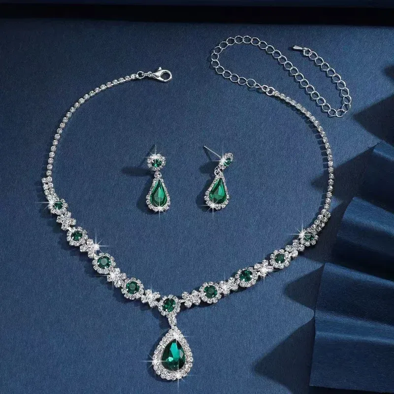 Elegant Women's Crystal Droplet Necklace and Earring Set - 3 Piece Bridal Jewelry for Wedding & Evening Dresses thumbnail 5